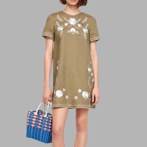 Zara Woman Olive Green Embroidered Floral Linen Blend Dress Medium
